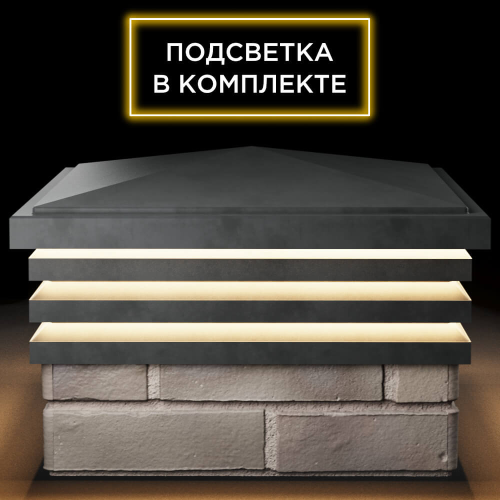 Колпак Zking Бона ХайТек Серый на столб 1.5х1.5 кирпича (385х385мм) с подсветкой Калуга фото